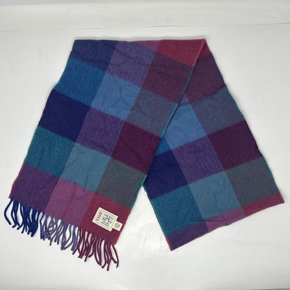 Avoca The Mill Ireland 100% Pure New Wool Scarf Plaid Check Purple Blue Teal